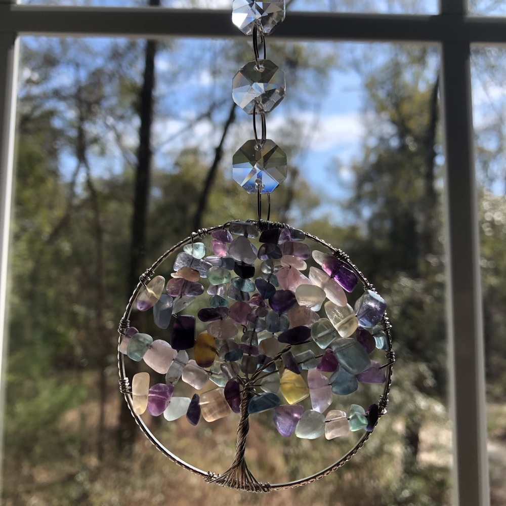 Fluorite Gemstone and Crystal Glass Art Tree Pendant